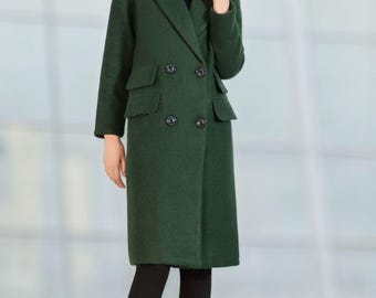 Wool Coat, Green Long Wool Coat, Warm Winter Coat Women