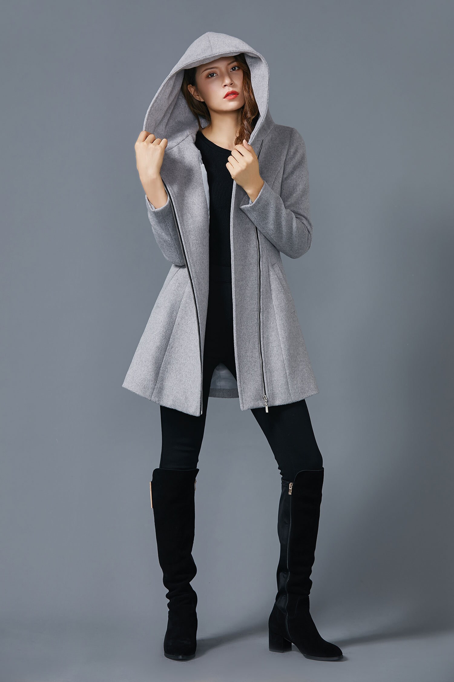 Hooded Wool Coat, Gray Short Coat, Wool Coat, Winter Coat, Simple Wool Coat, Asymmetrical Wool Coat With Front Zipper, Handmade Coat C1599 - Etsy Hooded Wool Coat, Gray Short Coat, Wool Coat, Winter Coat, Simple Wool Coat, Asymmetrical Wool Coat With Front Zipper, Handmade Coat C1599 - Etsy