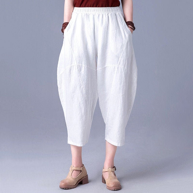 Women Calf-length Pants Cotton Capri Pants Elastic Waist Linen | Etsy