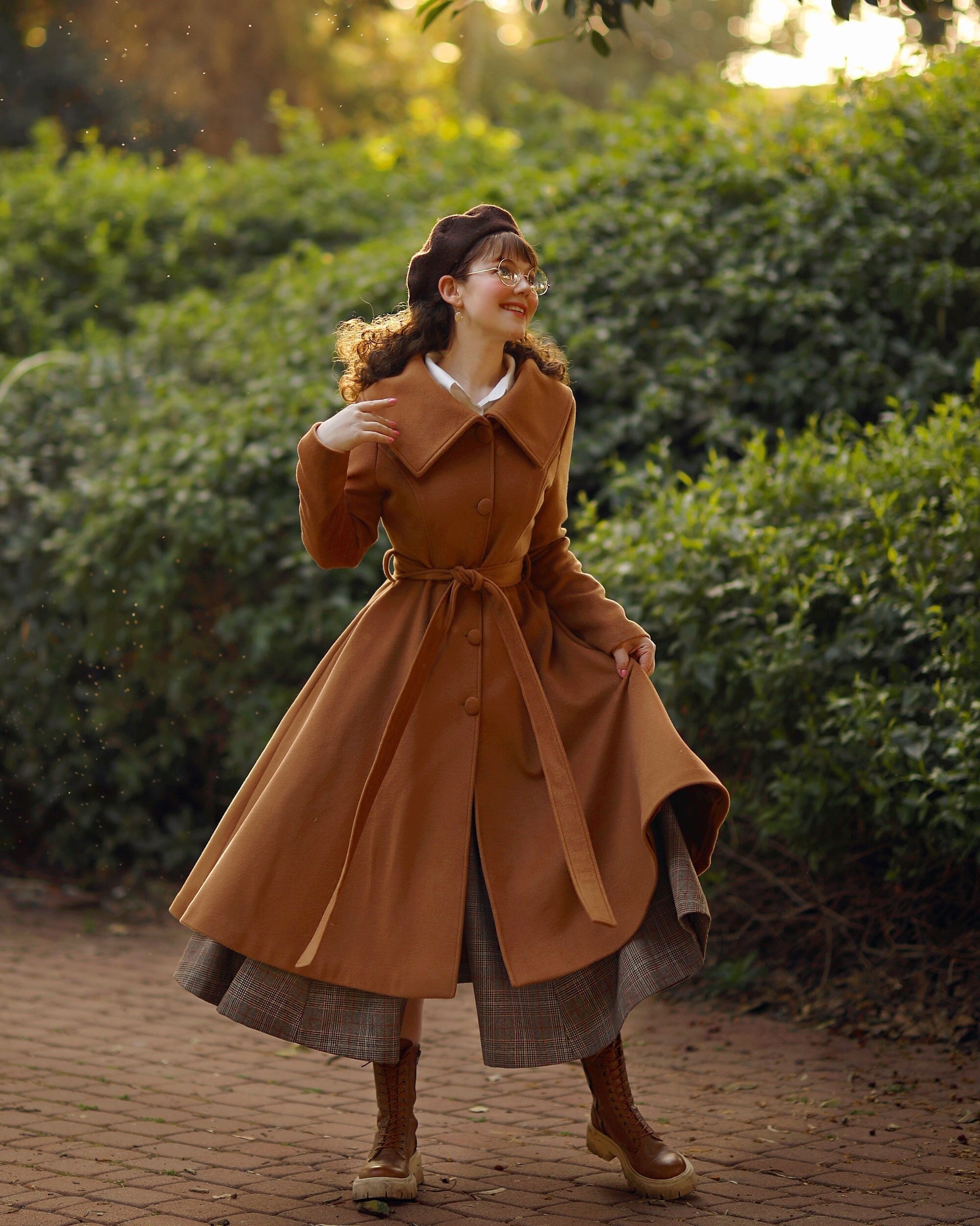 British Style Long Wool Coat in Green Warm Coat Women Vintage Winter Coat  Fit and Flare Solid Coat Maxi Soft Wool Coat With Belt 2842 