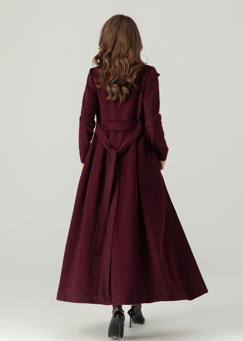 Casaco comprido de lã bordô feminino, Casaco de inverno de lã feminino, Casaco treché de lã, Casaco maxi de lã, Casaco de lã com cinto, Casaco feito à mão, Ylistyle C3693 imagem 5