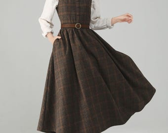 Brown Plaid Wool Blend Vintage A-Line Mid-Calf Dress Square Neck Sleeveless, Pinafore Wool Dress for Women, Custom Dress, Ylistyle C5698