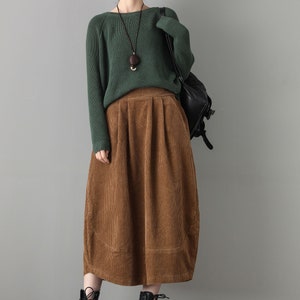 Elastic Waist Casual Corduroy Maxi Skirt, Brown Corduroy Skirt ...