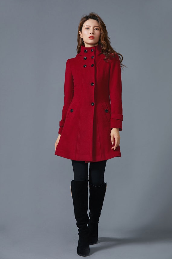 High collar wool coat Hooded wool coat Hooded red coat | Etsy