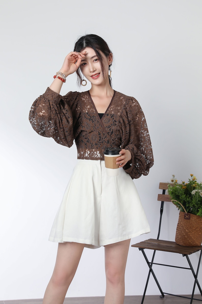 brown lace top, short tops, boho top, long sleeves lace blouse, summer romantic top for women, v neck crop tops, lace clothing c3327 image 2