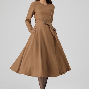 Midi Wool Dress, Belted Dress, Fit and Flare Dress, Autumn Dress Women, Pockets Dress, Casual Dress, Made to Order, Plus Size Dress C3543
