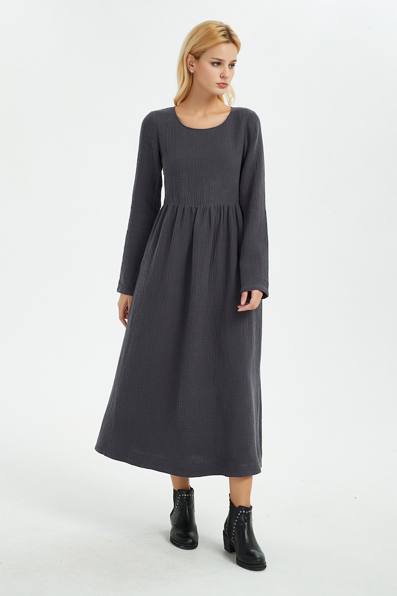 long Linen dress with pockets autumn winter outfit C1368 Casual linen dress Gray dress Maxi Linen dress Linen dress women linen dress