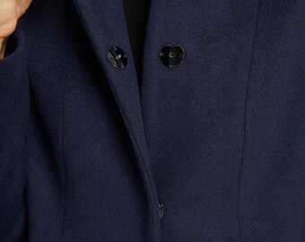 Women's Stand-collar Coat Dark Blue Wool Short Jacket, Warm Women's Stand-collar Coat Dark Blue Wool Short Jacket, Warm