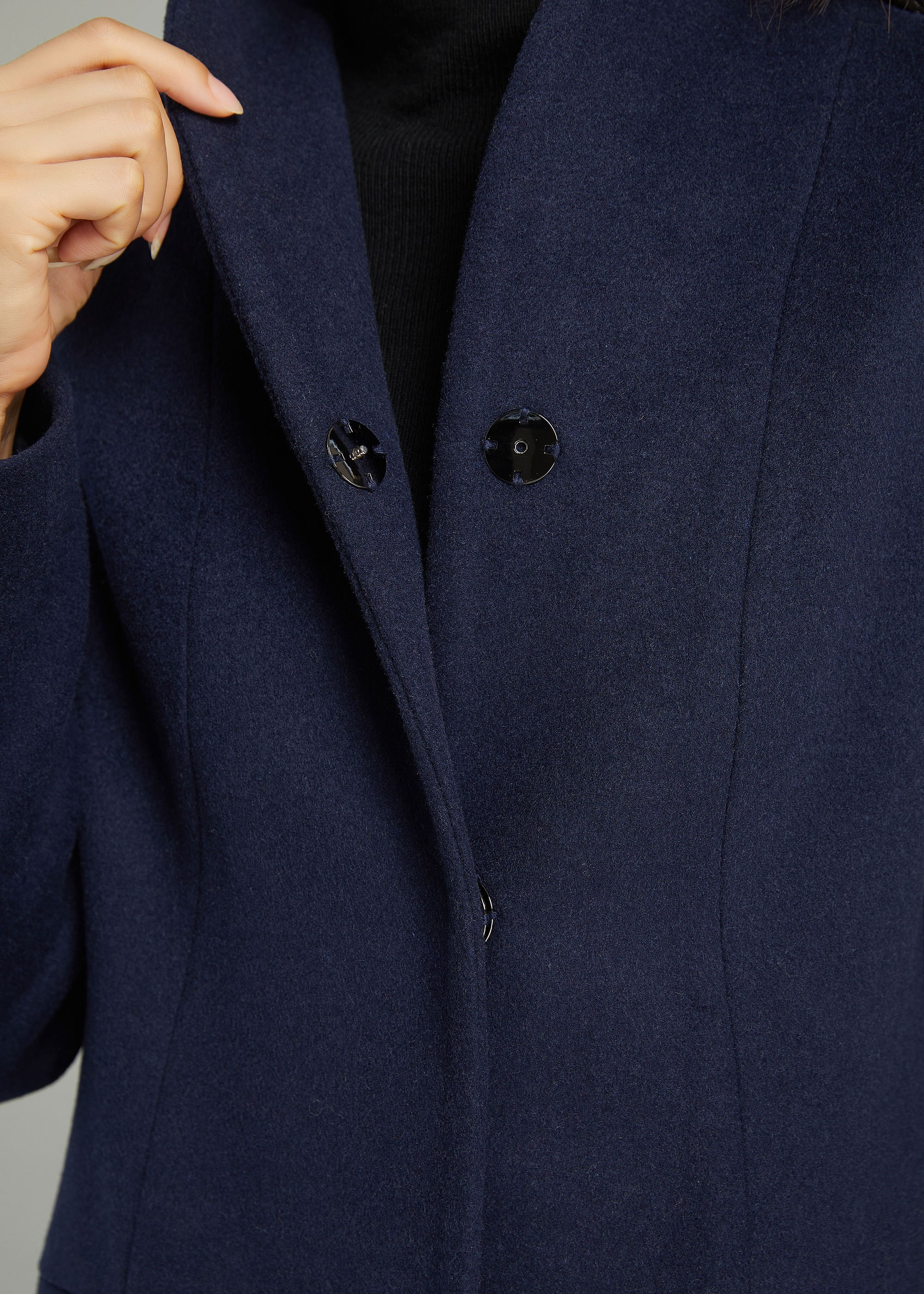 Women's Stand-collar Coat Dark Blue Wool Short Jacket, Warm Women's Stand-collar Coat Dark Blue Wool Short Jacket, Warm