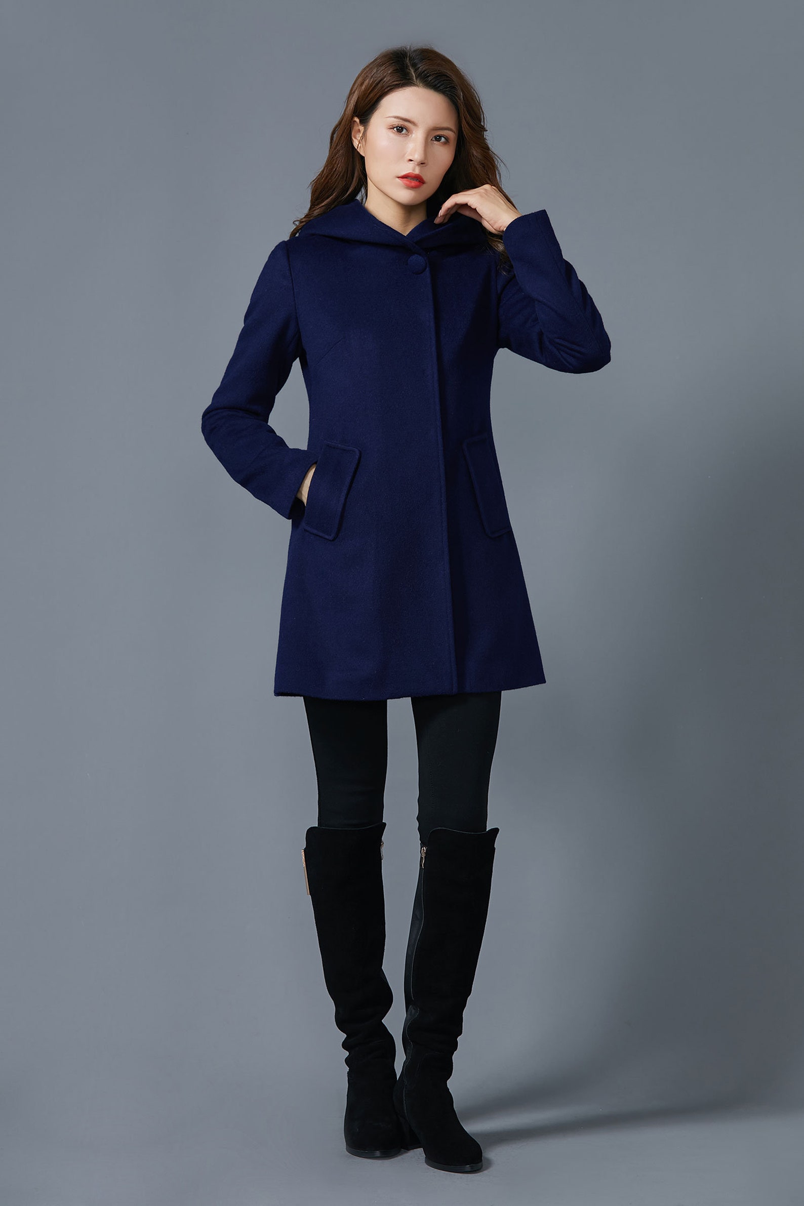 Navy blue coat midi wool coat coat with pockets womens | Etsy