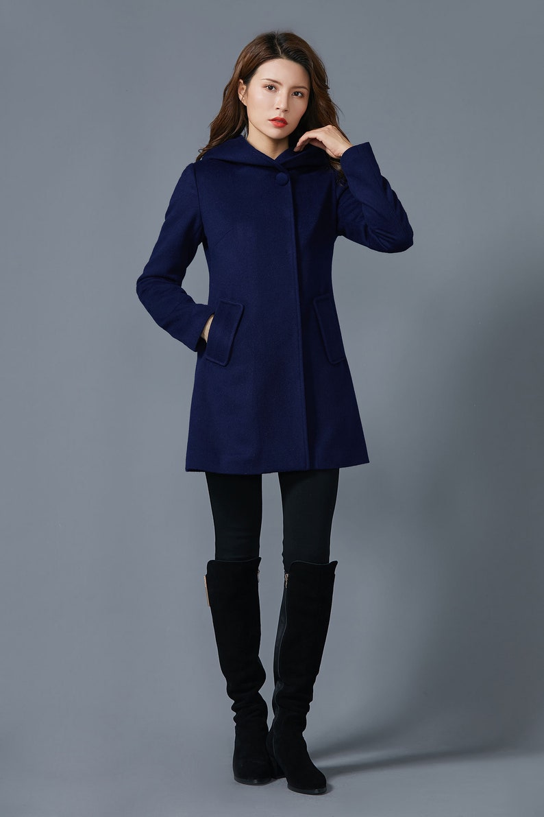 Navy blue coat midi wool coat coat with pockets womens Etsy