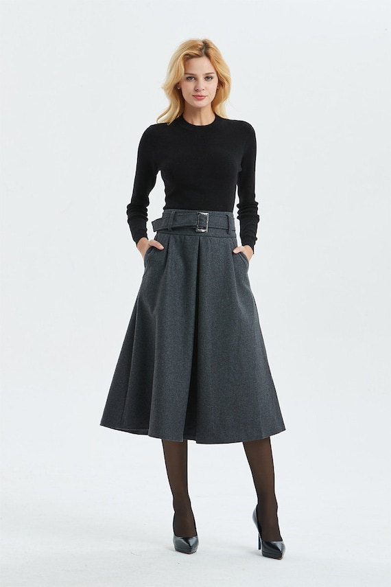 Gray skirt Winter warm wool skirt womens skirts with belt | Etsy