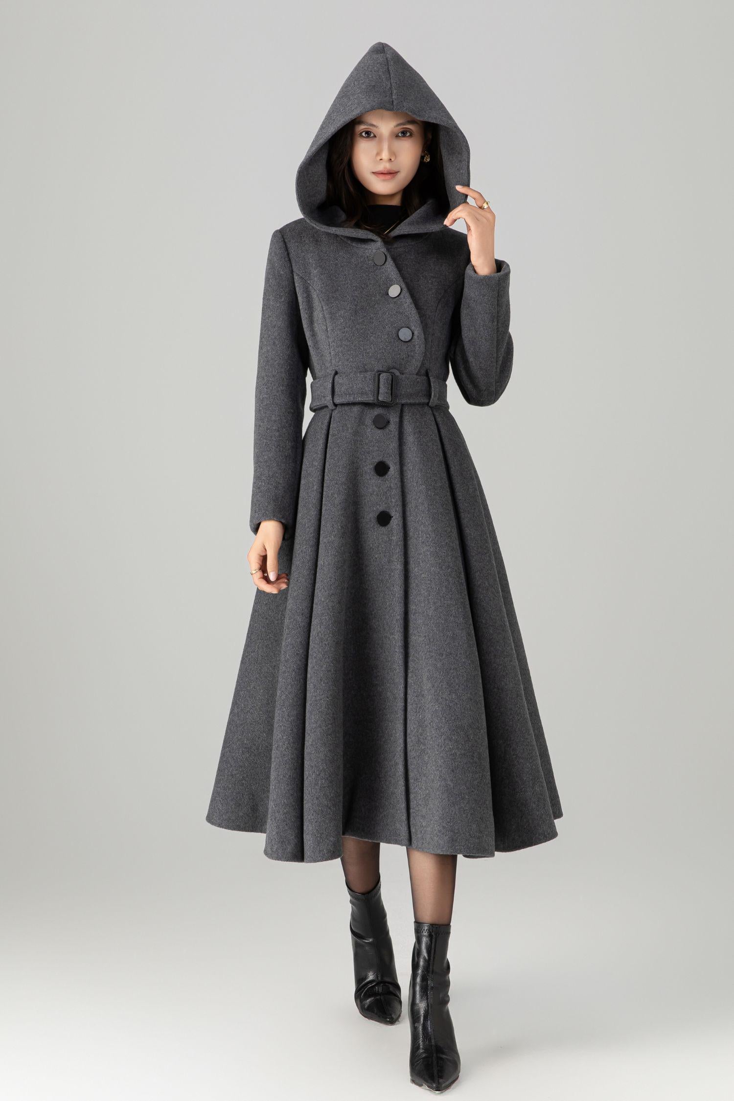 Hooded Wool Swing Coat, Gray Asymmetric Winter Coat, Ylistyle