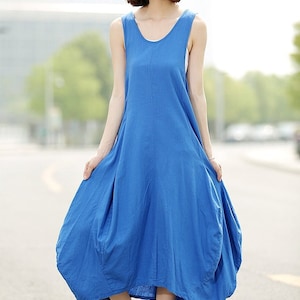 Red Linen Dress, Summer dress, Free-Style Casual Loose-Fitting Tulip-Shaped Everyday Modern Contemporary Unique Designer Dress C888 C2-Blue