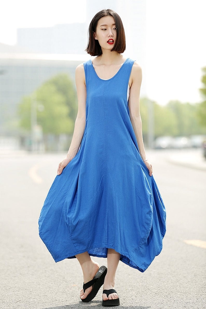 Red Linen Dress, Summer dress, Free-Style Casual Loose-Fitting Tulip-Shaped Everyday Modern Contemporary Unique Designer Dress C888 C2-Blue