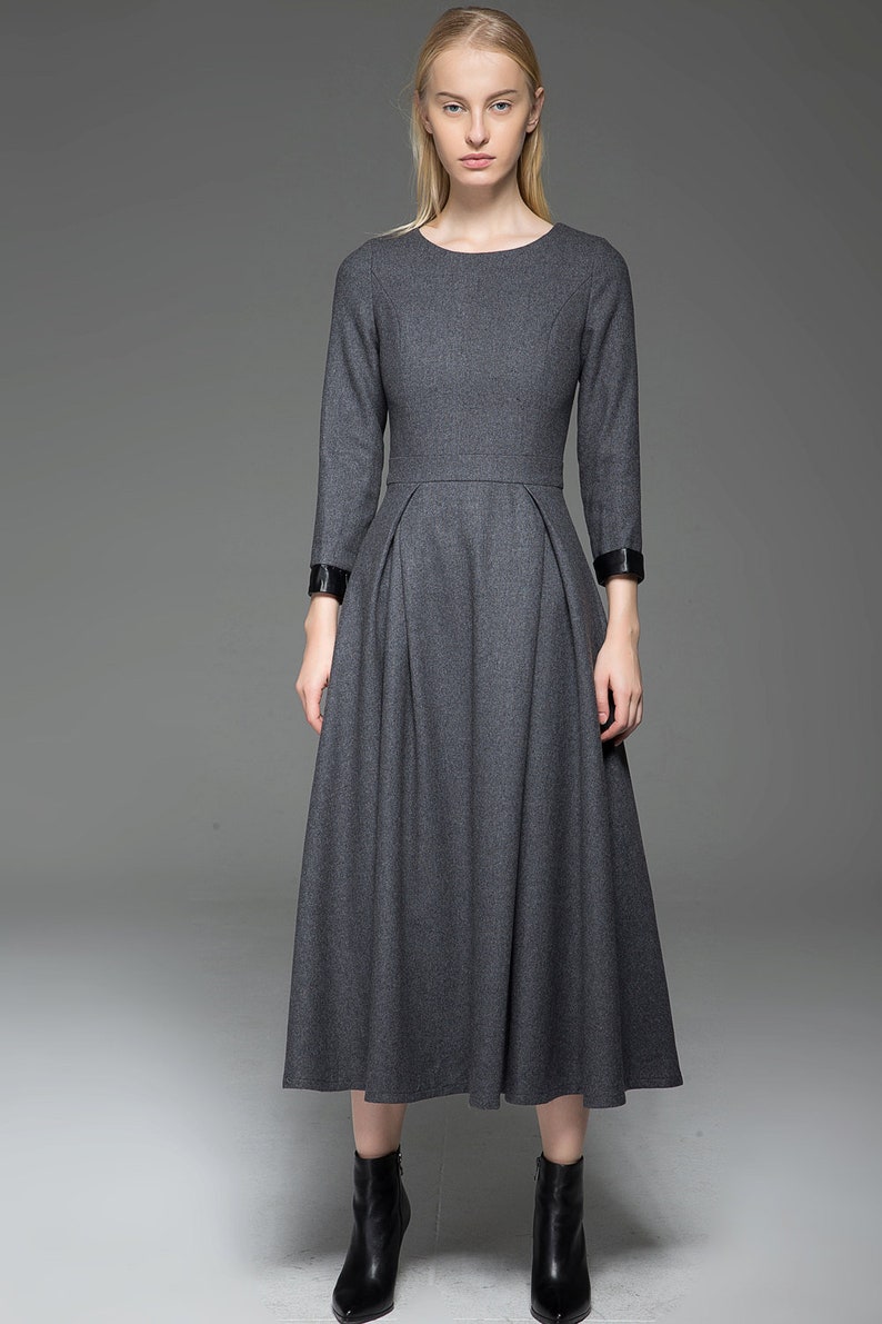 Wool Dress, Womens Long wool dress, Classic Long Fitted Tailored Warm Winter Dress with Long Sleeves Round Neck & Black Leather Cuffs C780 C1-Gray-C780