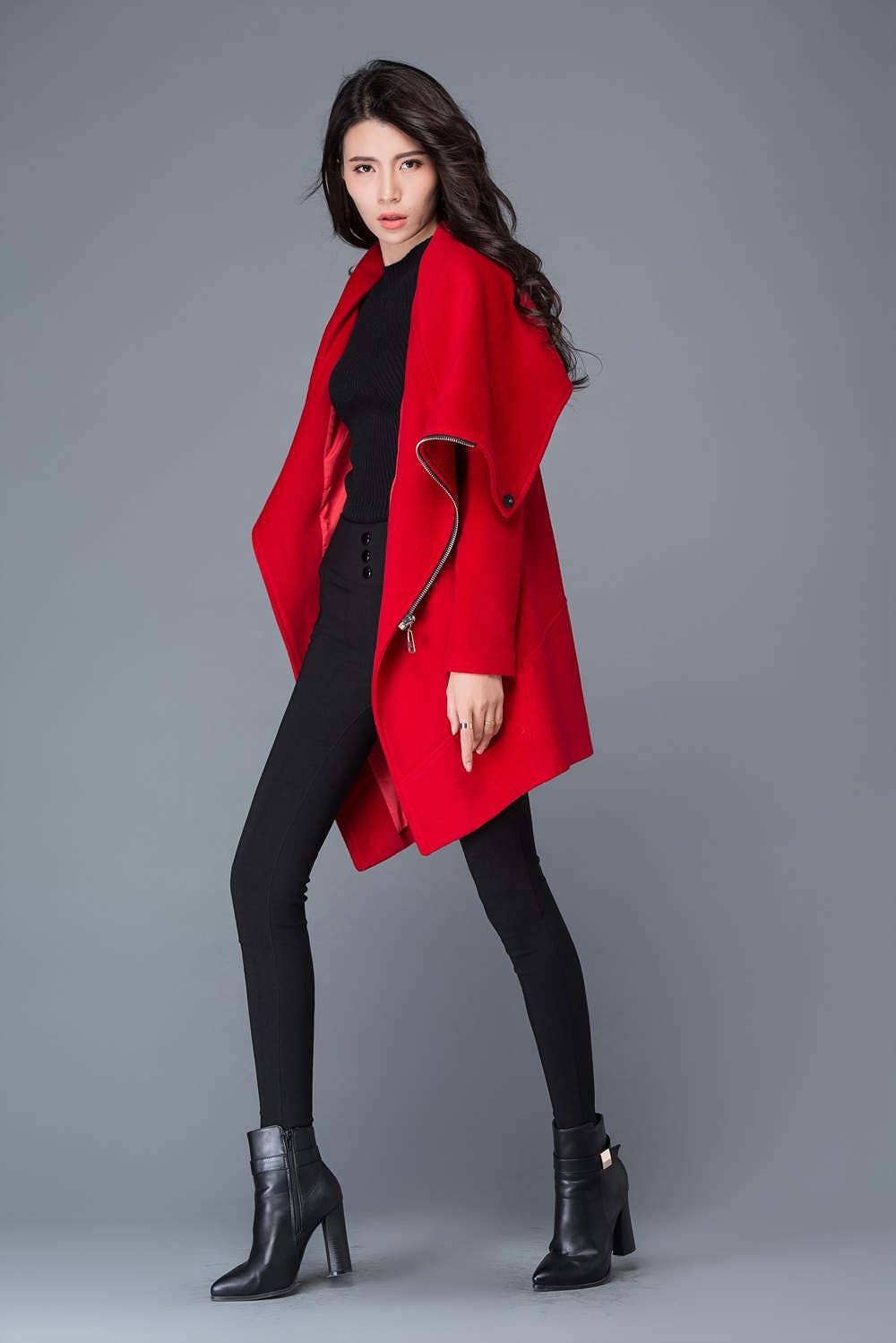 Red Wool Coat, Asymmetrical Wool Coat, Cowl Neck Wool Jacket Red Wool Coat, Asymmetrical Wool Coat, Cowl Neck Wool Jacket