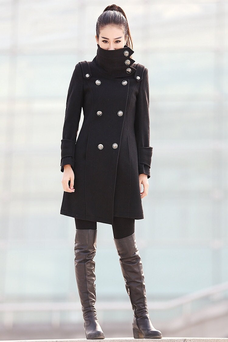 Military Coat, Hooded Coat, Wool Coat, Black Coat, Fitted Coat