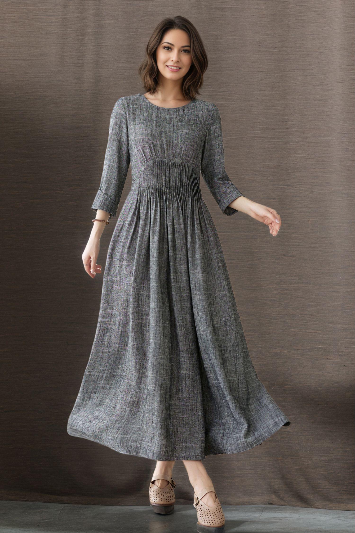 Linen Dress, Grey Linen Maxi Dress, Women's Casual Linen