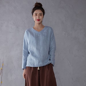 Linen top, Linen blouse, Oversize Linen top, Linen blouse for women, Loose linen tops, Plus size linen tops, Blue linen top, Ylistyle C1911