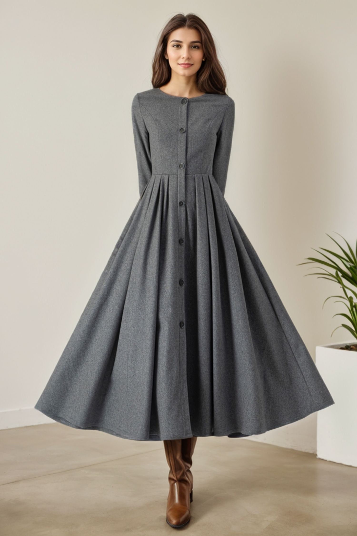 Midi Dress Women, Button Front Dress, Gray Dress, Wool Dress Women