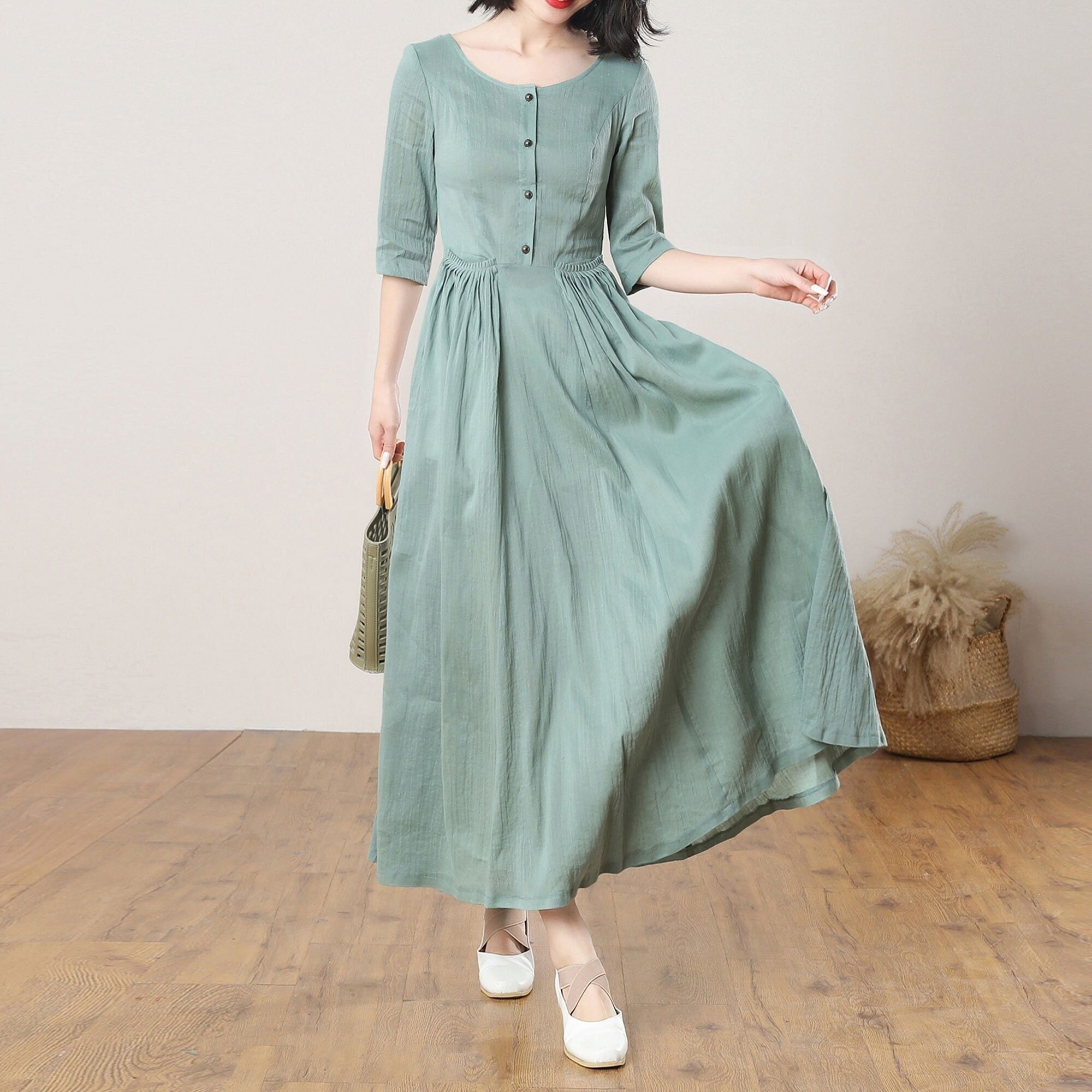 Women's Summer Green Linen Dress - Breathable Home & Outdoor
