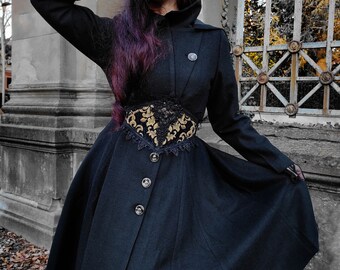 ジャケット・アウター UND SHADOW FLOWER WOOL COAT Black Wool Coat, Long Wool Coat, Hooded Wool Coat, Winter