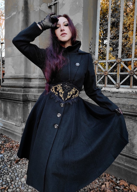 Hooded Wool Coat, Black Long Wool Coat, Fit and Flare Coat Hooded Wool Coat, Black Long Wool Coat, Fit and Flare Coat