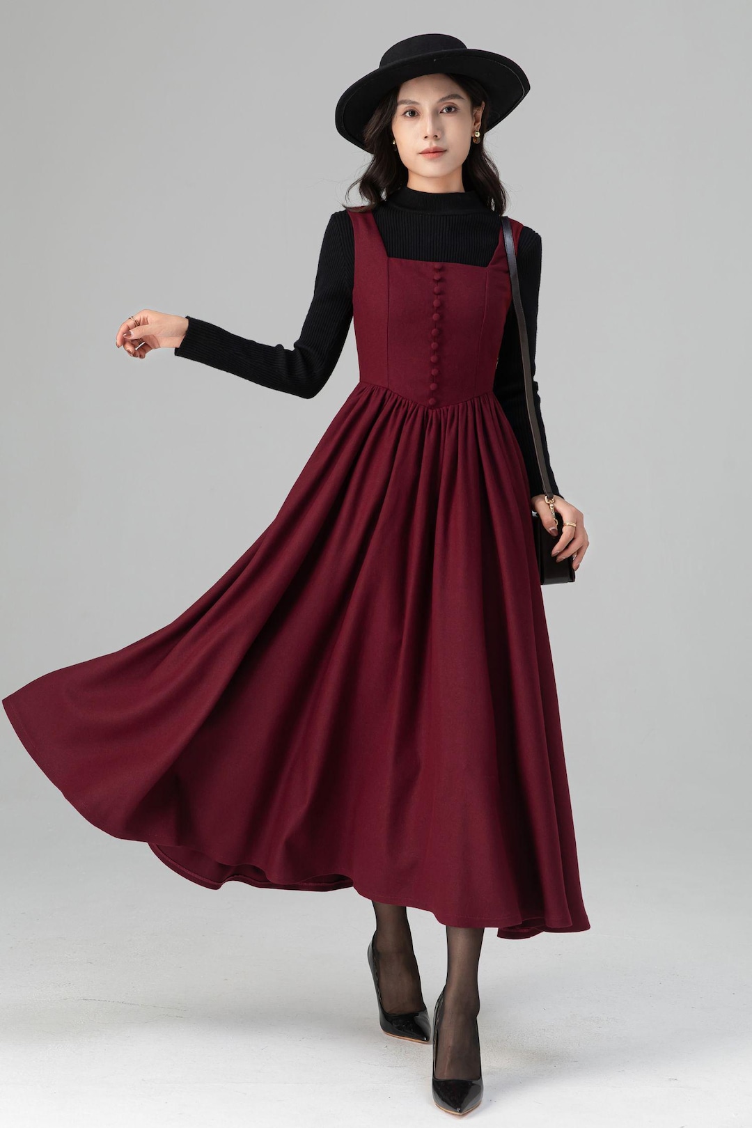 Burgundy Wool Pinafore Dress: Square Neck A-line Midi, Ylistyle C5201 ...