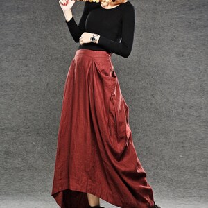 Linen skirt, Red Linen Maxi Skirt, Long Length with Asymmetrical Hemline, Ruched Detail and Deep Side Pocket Fall Autumn/Winter Fashion C050 image 7