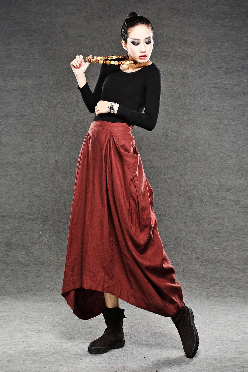 Linen skirt, Red Linen Maxi Skirt, Long Length with Asymmetrical Hemline, Ruched Detail and Deep Side Pocket Fall Autumn/Winter Fashion C050 image 7