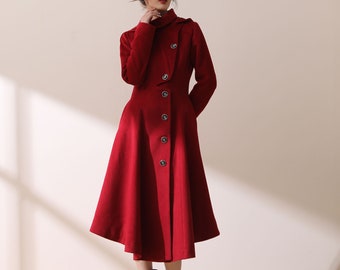 Red wool coat, Asymmetric wool coat, Long wool coat, Hooded wool coat, wool coat women, winter coat women, handmade wool coat C1781