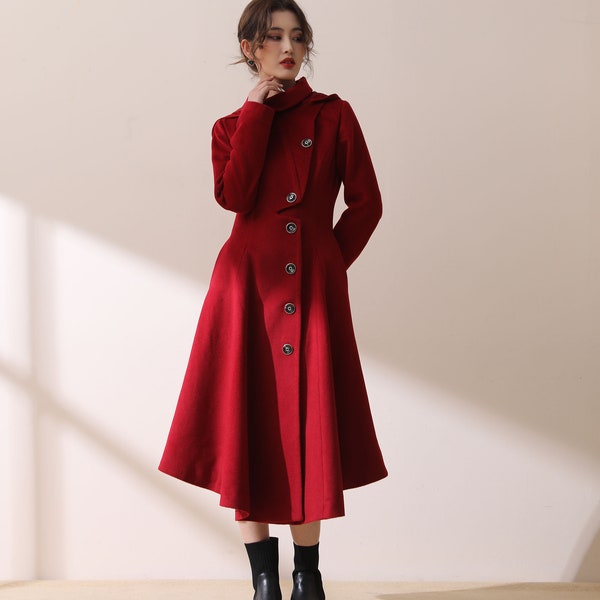 Red wool coat, Asymmetric wool coat, Long wool coat, Hooded wool coat, wool coat women, winter coat women, handmade wool coat C1781