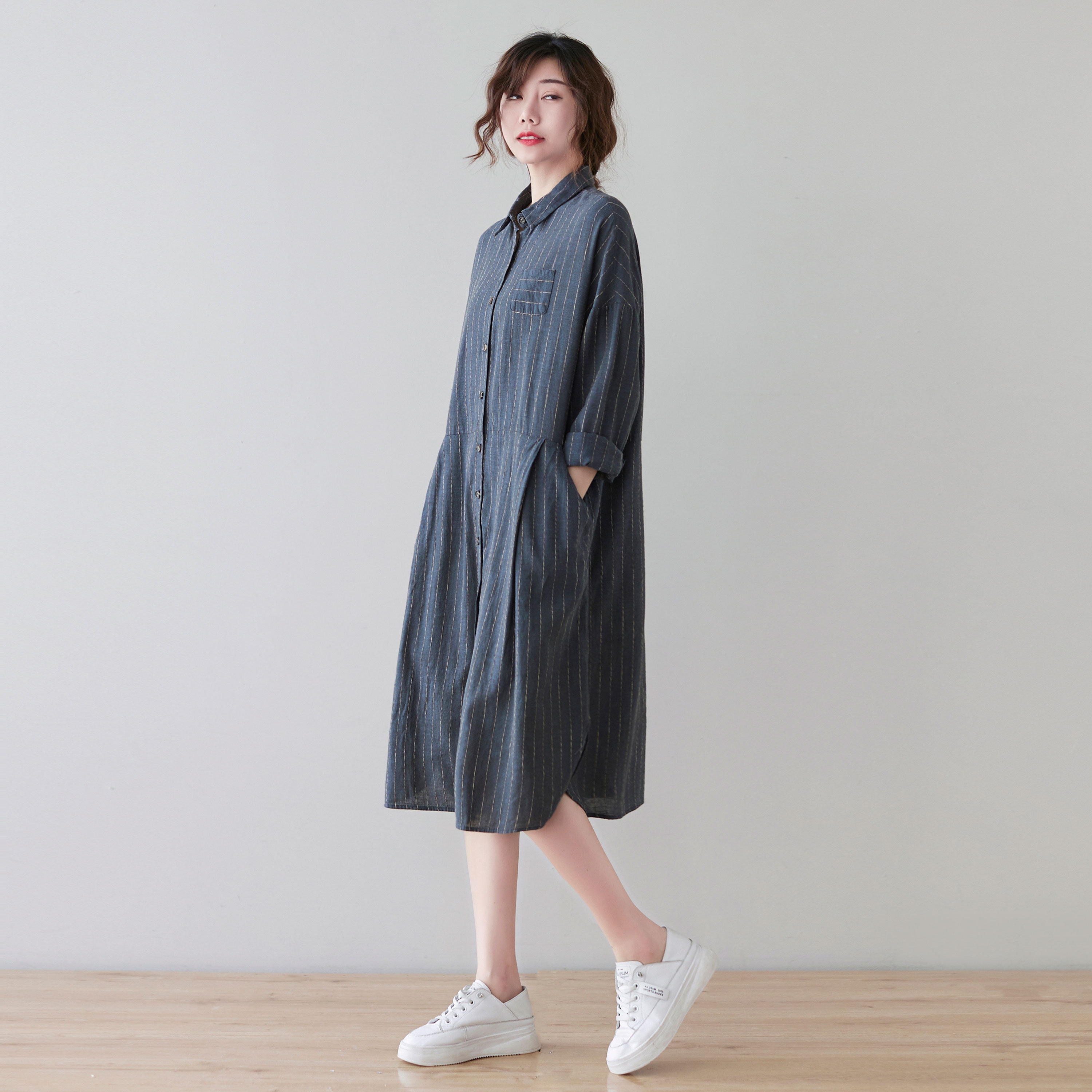 Striped Long Linen Shirt Dress Relaxed Fit Loose Button Etsy