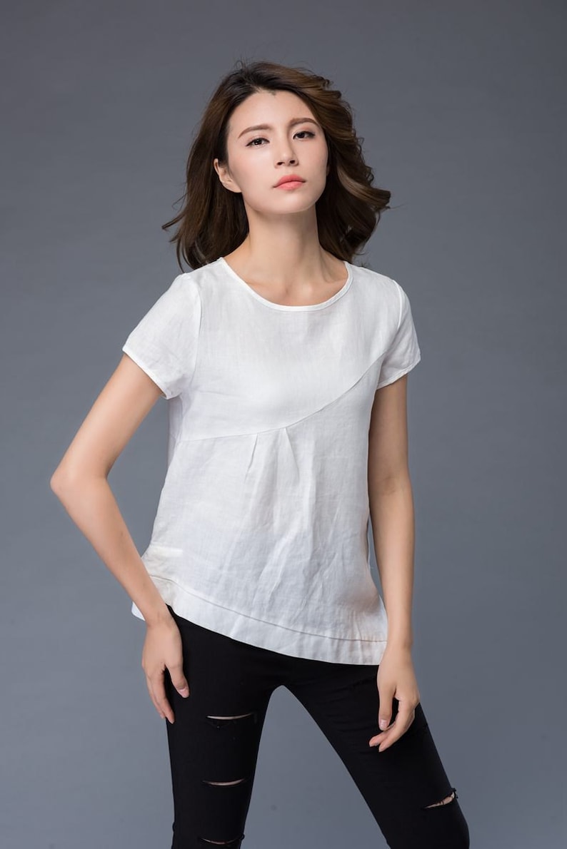 T-shirt en lin blanc, T-shirt irrégulier, col rond, T-shirt ample, T-shirt décontracté pour femme C949 image 4