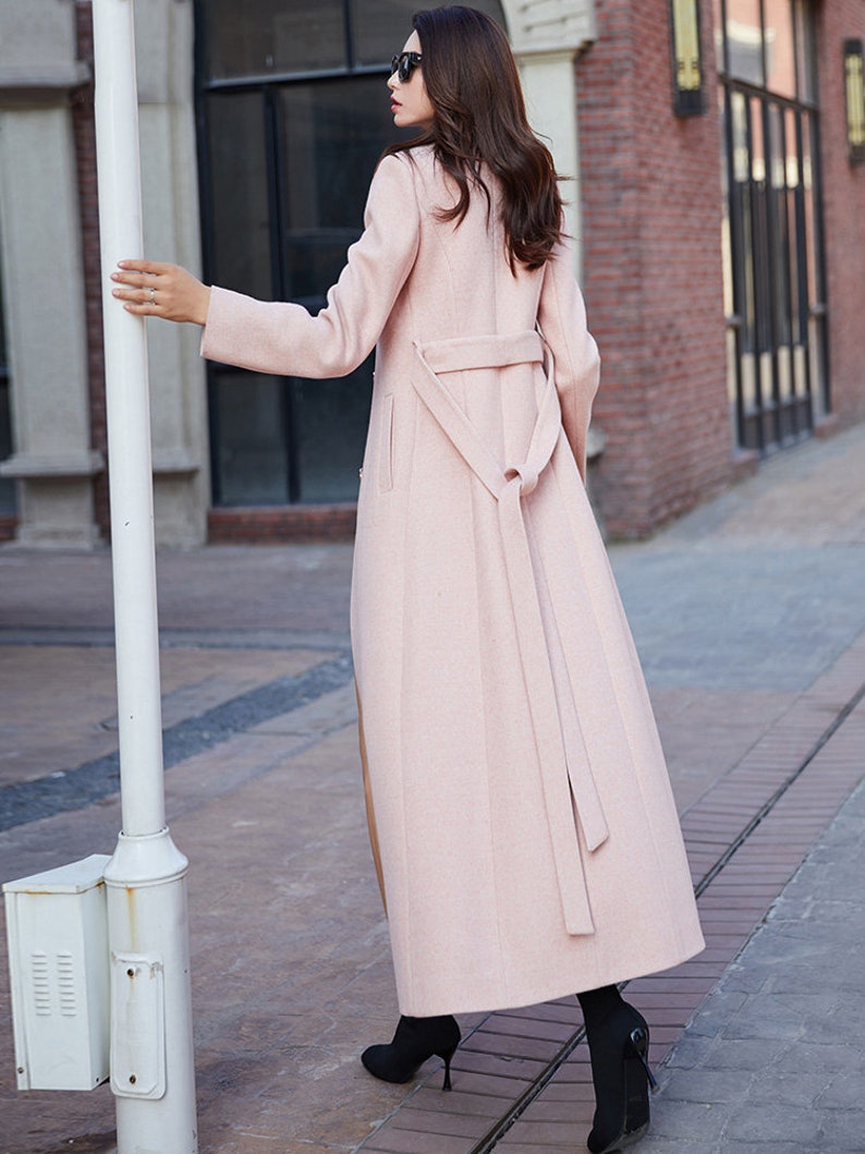 Pink long wool maxi coat, women wool trench coat, Winter jacket coat Belted wool coat, Autumn winter outerwear, Custom coat, Ylistyle C1789 image 6