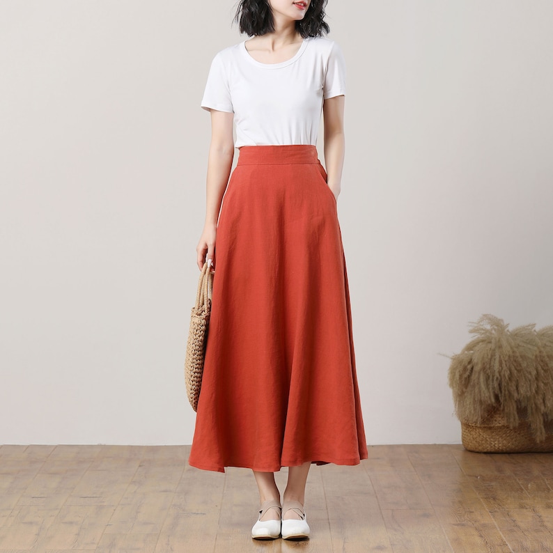Orange Linen Skirt, Women's Summer Linen Skirt, Linen Midi Skirt, A-Line Skirt, Long Linen Skirt, Swing Skirt, Custom Skirt, Ylistyle C3286 image 3