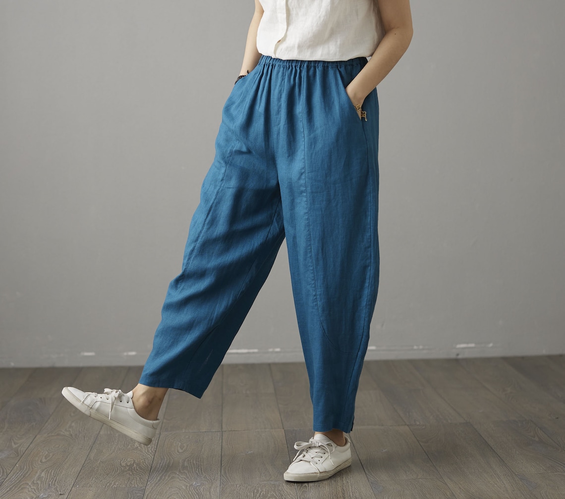 Blue Linen pants Cropped Pants Casual Cotton Linen Trousers | Etsy