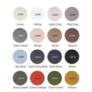 May include: Color swatches of L43-100% Linen fabric in various shades. The image displays 16 circular samples, including Linen, White, Light Grey, Mid Grey, Dark Green, Beige, Khaki, Brown, Sky Blue, Dark Grey Blue, Dark Blue, Black, Army Green, Dark Orange, Olive Green, and Yellow.
