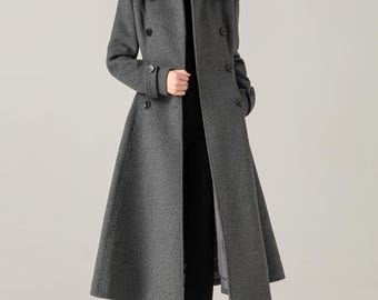 Gray Wool Blend Swing Coat: Double Breasted Belted Maxi Winter Overcoat, Ylistyle C5376