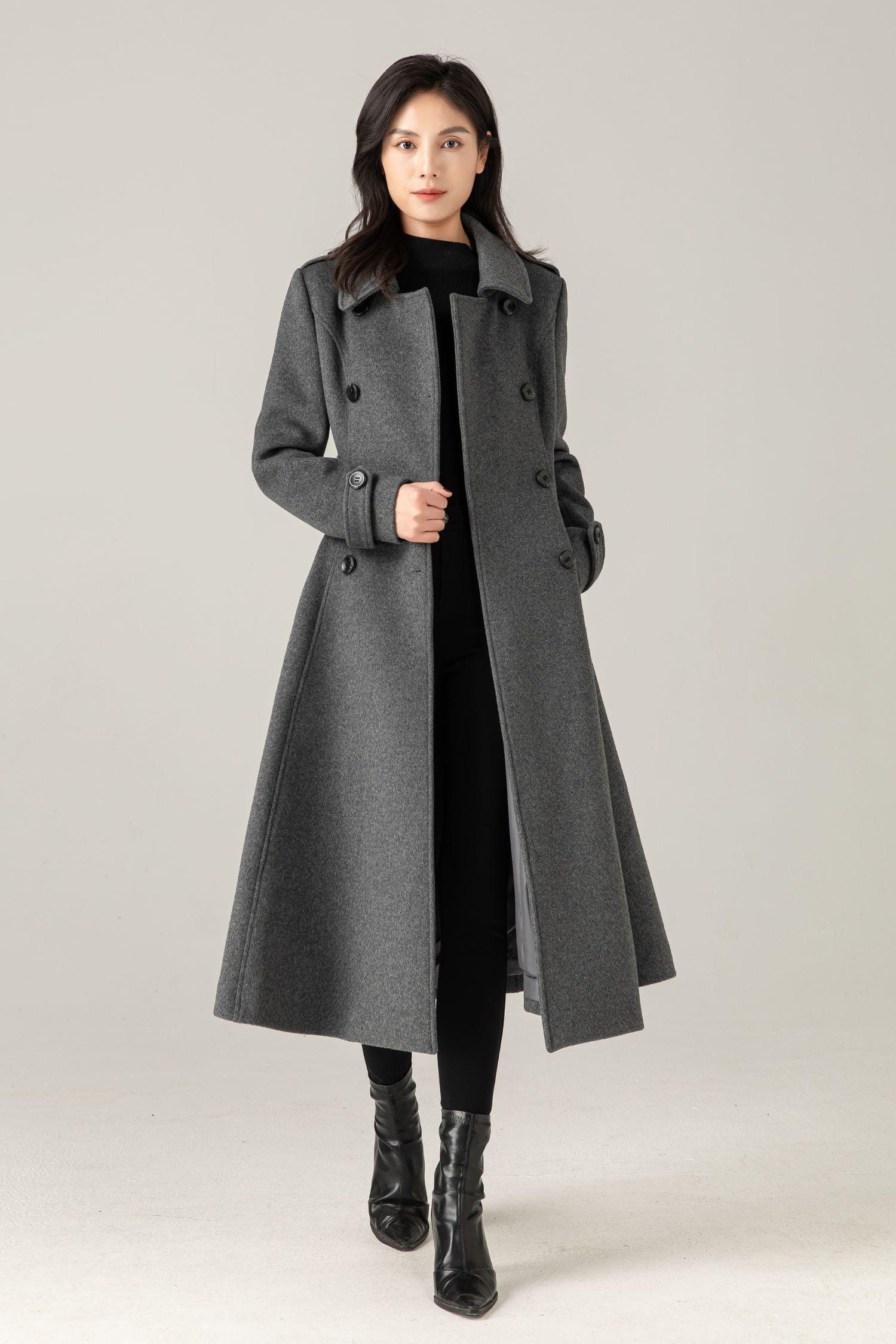 Gray Wool Blend Swing Coat: Double Breasted Belted Maxi Winter