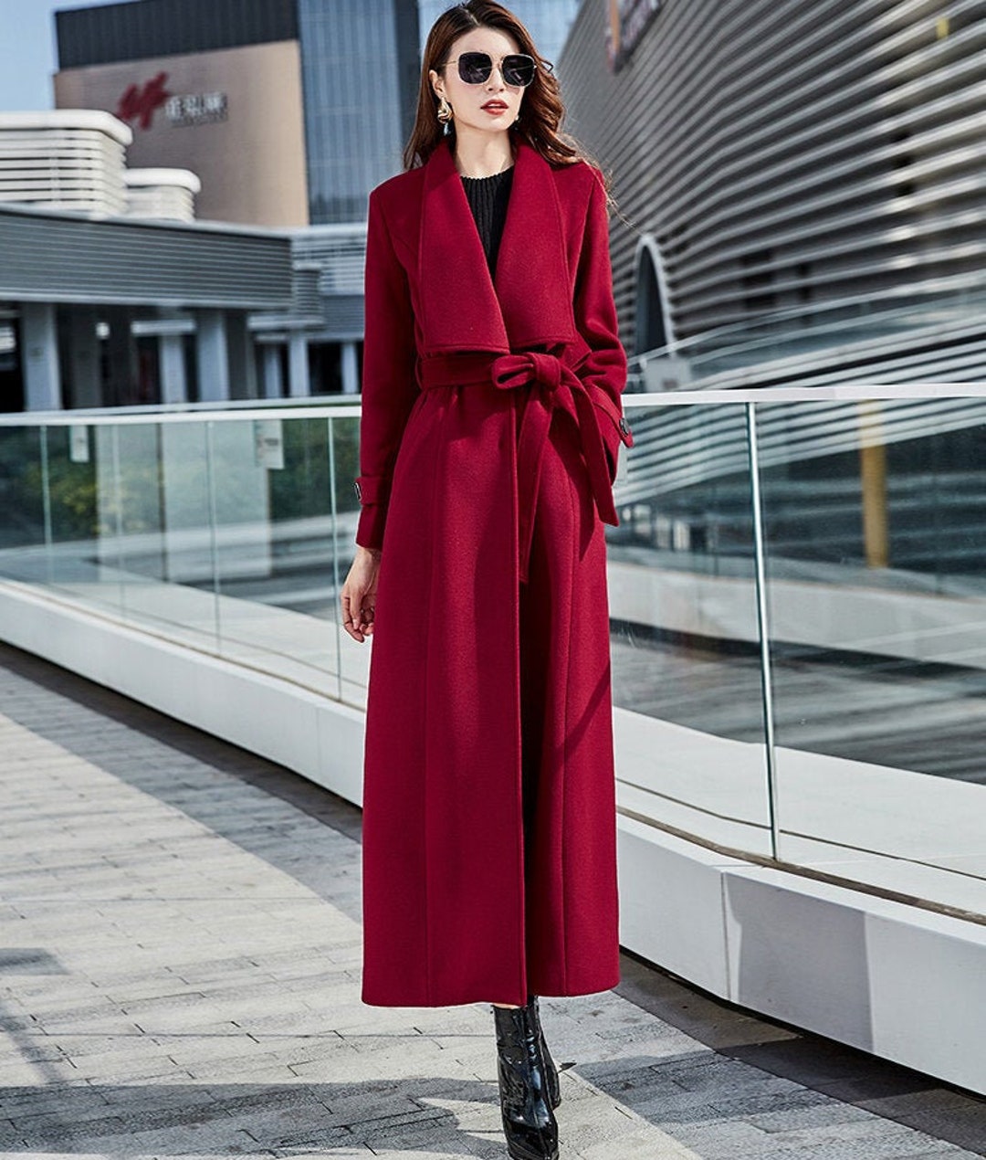 Zoom ind universitetsstuderende husdyr Long Wool Coat Wool Trench Coat for Women Wine Red Wool Maxi - Etsy