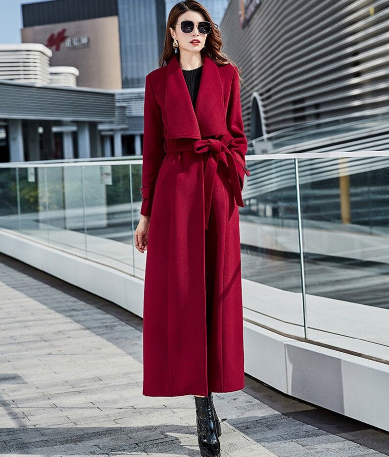 Long Wool Coat Wool Trench Coat for Women Wine Red Wool Maxi Etsy