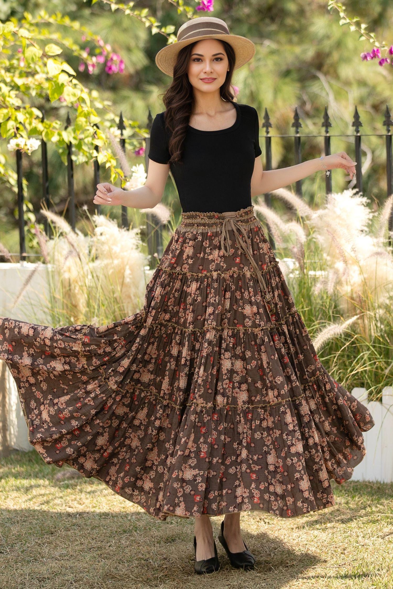 Brown Floral Cotton Maxi Skirt: High Waisted Pleated Long Skirt