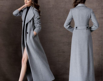 【着丈124cm】Super Long Trench Coat / Gray Gray long trench coat with belt and epaulettes