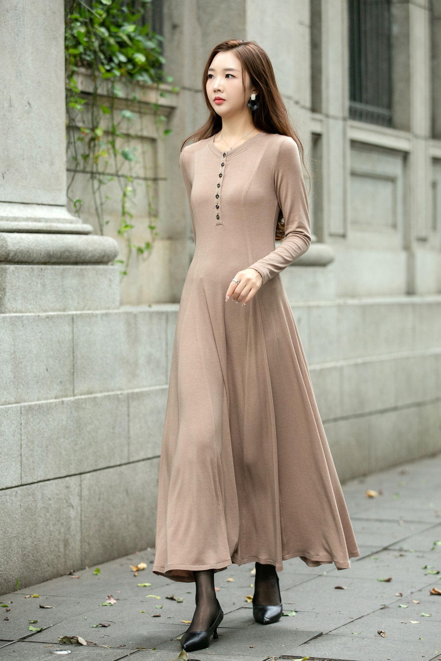 Knit A-line Long Dress, Wool-free Knit Dress, Camel Knit Dress