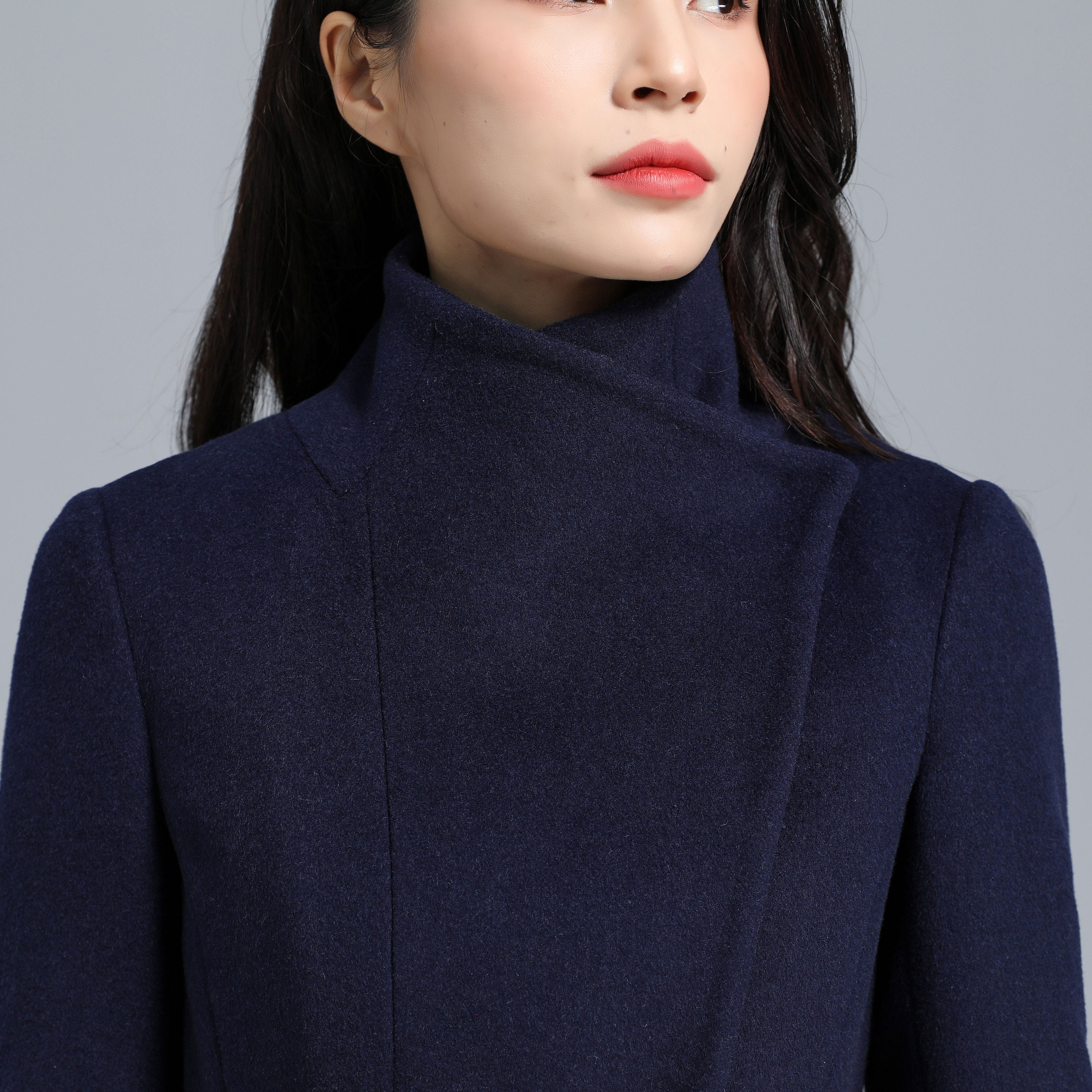 Wool Coat Women, Asymmetric Wool Coat, Belted Coat, Navy