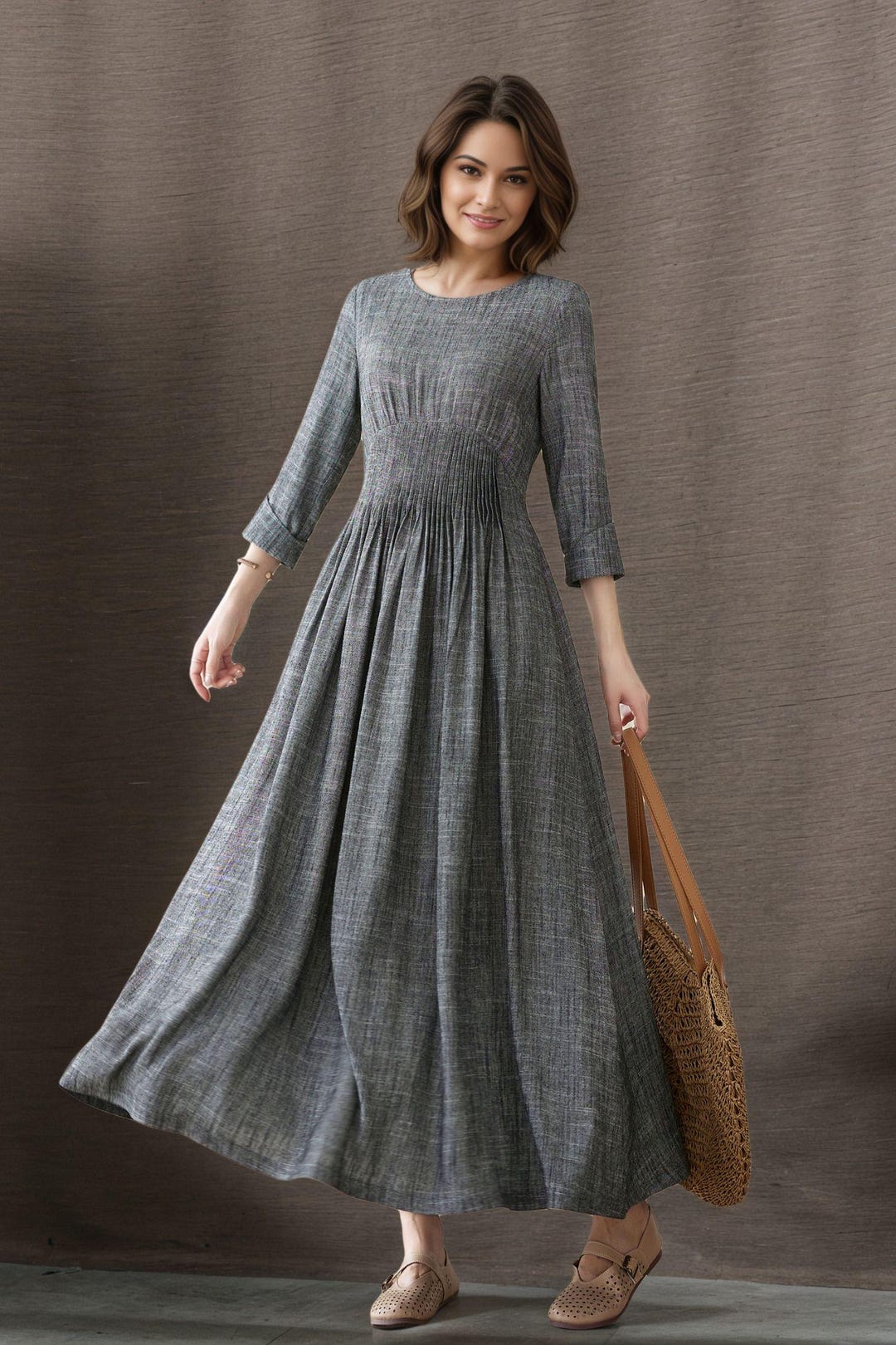 ワンピース LIGHT GREY LINEN MIDI DRESS Linen Dress, Gray Linen Midi Dress, Womens Linen Dress