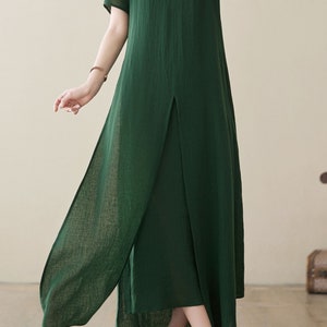 Short sleeve White maxi linen dress for women, summer cotton linen solid casual side slit ankle dress with pockets plus size C534 Green