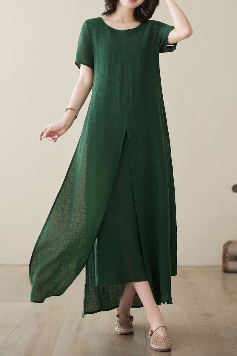 Short sleeve White maxi linen dress for women, summer cotton linen solid casual side slit ankle dress with pockets plus size C534 Green